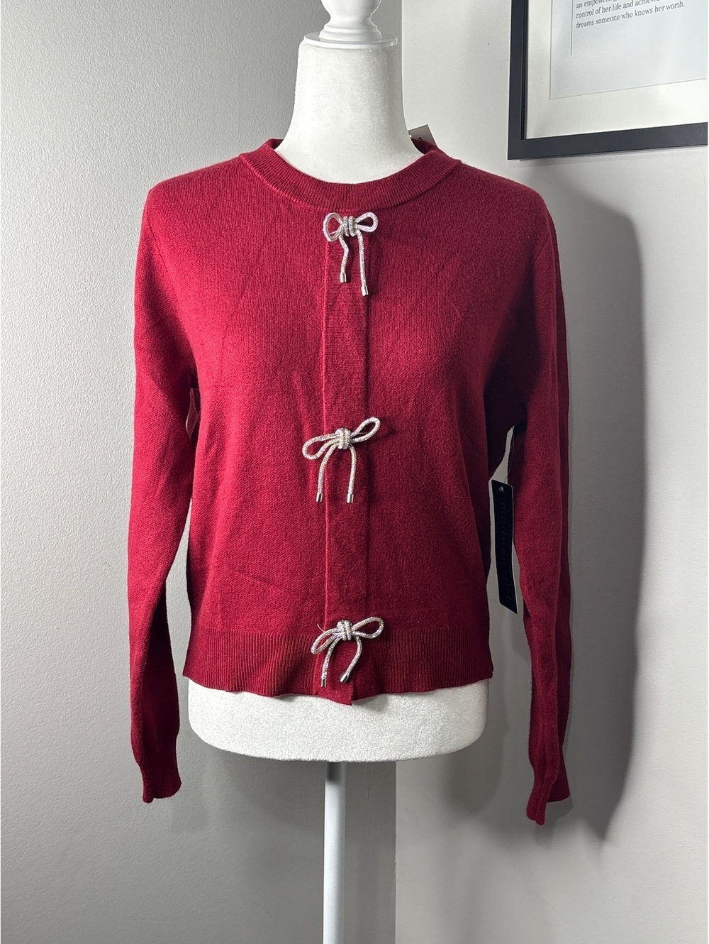 Madden Girl Women's Red Sweater with Rhinestone Bow Ties Size Large